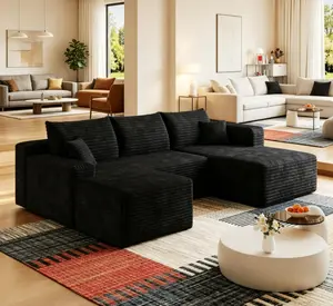95" Plush Corduroy Cloud Sectional Sofa with 1 Ottoman - Modern Minimalist Upholstered U-Shaped Deep Seat Corner Couch, No Assembly Required, Black Living Room Furniture Set
