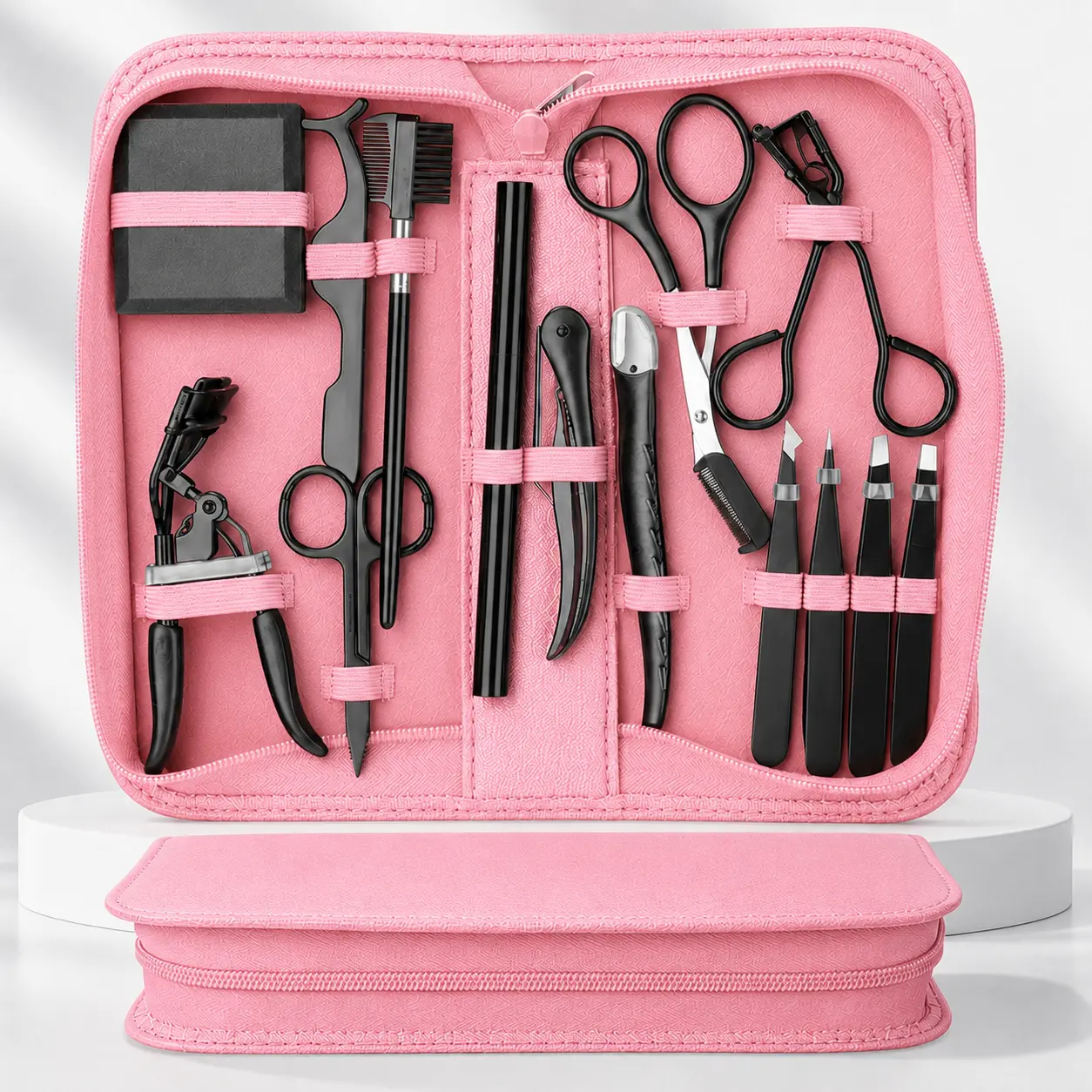 14-Piece Lash & Brow Grooming Kit for Precision Styling, Stainless Steel Makeup Tool Set for Women to Tweeze Fine Hairs, with Scissors & Lash Curler in a Pink Travel Case
