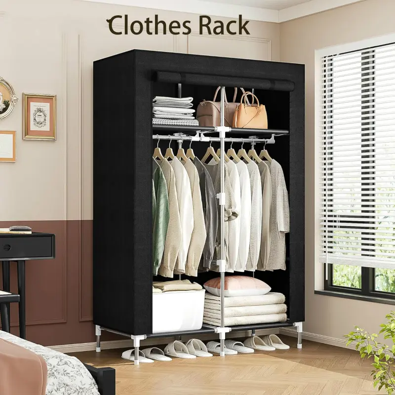 Portable Wardrobe with Hanging Pole and Dust Cover, 32" W x 17" D x 71" H Bedroom Independent Clothes Hanger and Organizer, Space Saving, Simple Assembly