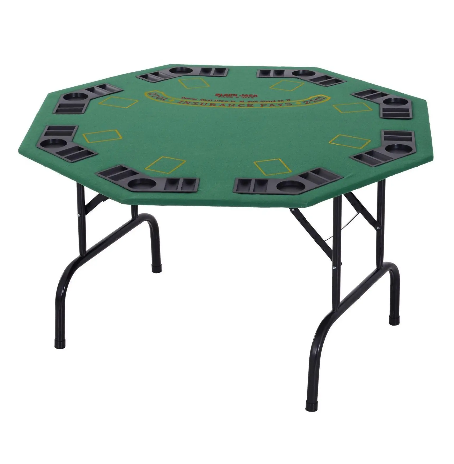 8-Player Octagonal Foldable Card Table - Green Felt, MDF Top, Cup Holders, Space Saving, Blackjack Print Game Table