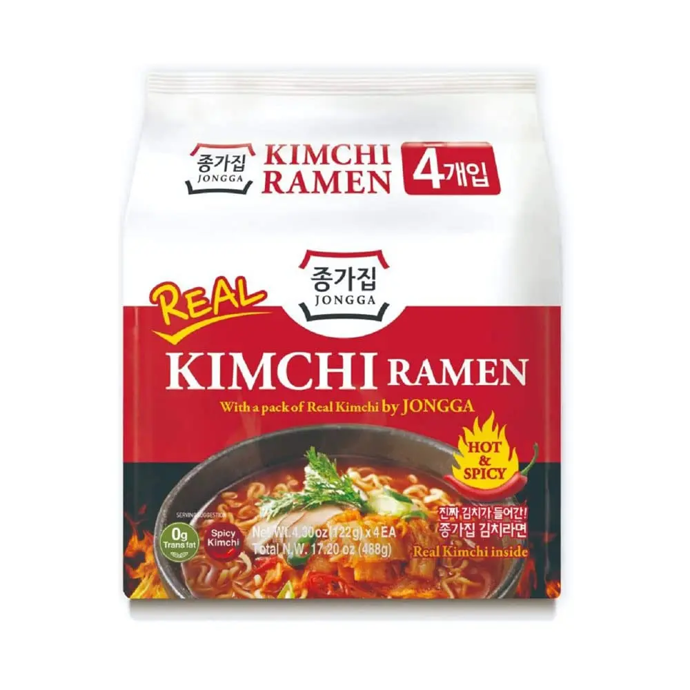 JONGGA Kimchi Ramen with Real Kimchi Pack of 4, Korean Instant Hot and Spicy Kimchi Noodle Soup, Authentic Savory Korean Kimchi Ramen Packs, Quick and Convenient, Ready in 5 minutes