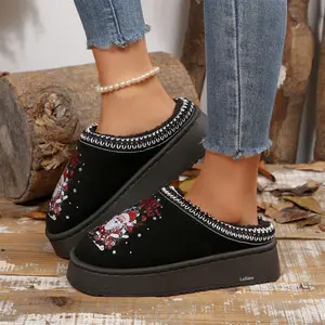Women's Winter Platform Slippers Christmas Santa Design Fleece Lined Mules Comfortable Holiday Indoor Outdoor Shoes Rubber Footwear