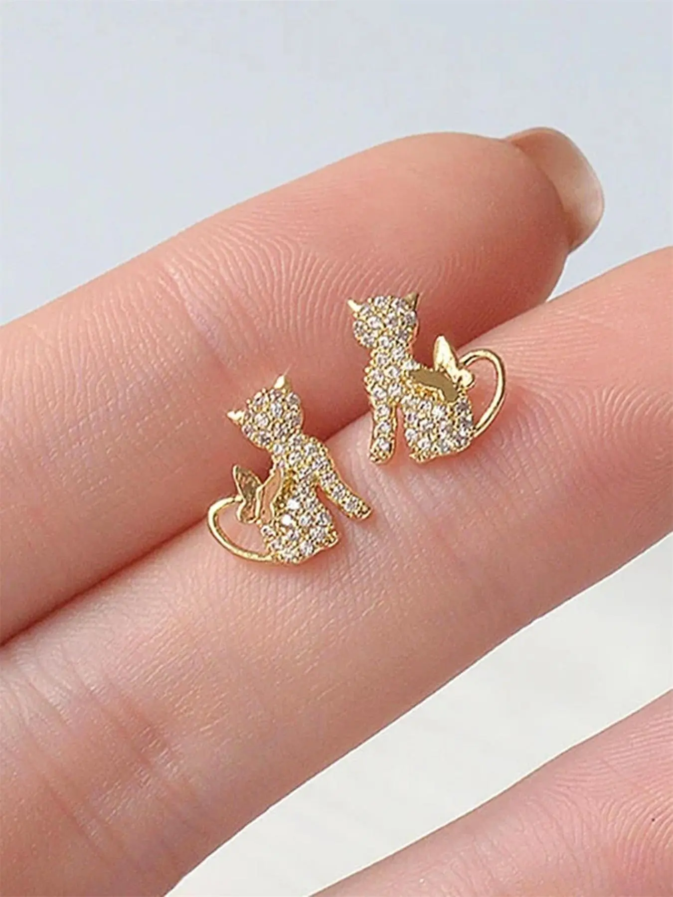 Cute Cat Design Stud Embellished Earrings, Fashionable Rhinestone Decorated Earrings for Women & Girls, Trendy All-match & Exquisite Jewelry for Birthday Gift, Dainty Fashion Jewelry, Studs Earrings, Good Earrings
