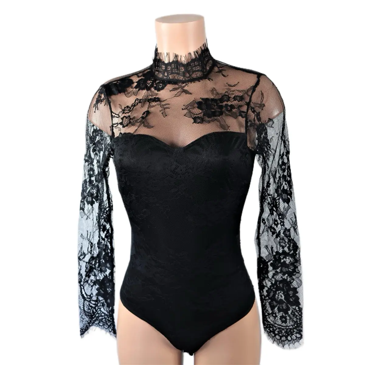 Caught My Attention Suit Bodysuits Long Sleeve Lace Nylon Womenswear