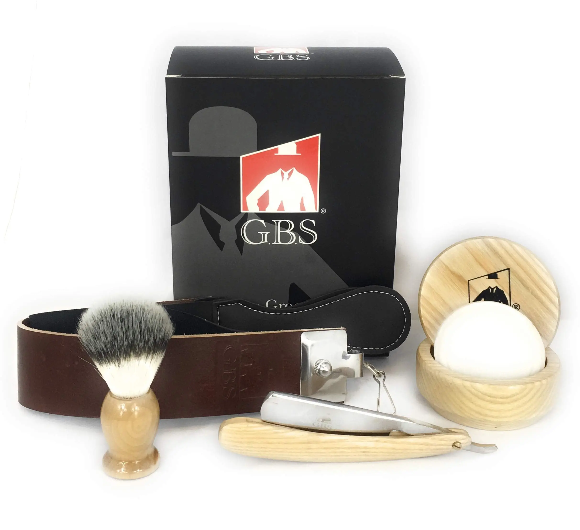 G.B.S Natural Wood Shaving Set with Straight Razor, Synthetic, Shave Brush, Animal Free, Beechwood Shave Bowl and Natural Soap Steel Gift