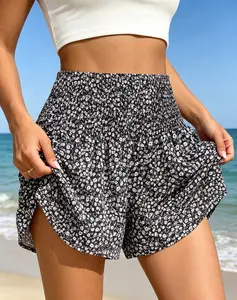 Women's Spring-Summer Elegant Polyester Floral shorts, Gathered Waist, Loose Casual Fit, Stylish Short Design