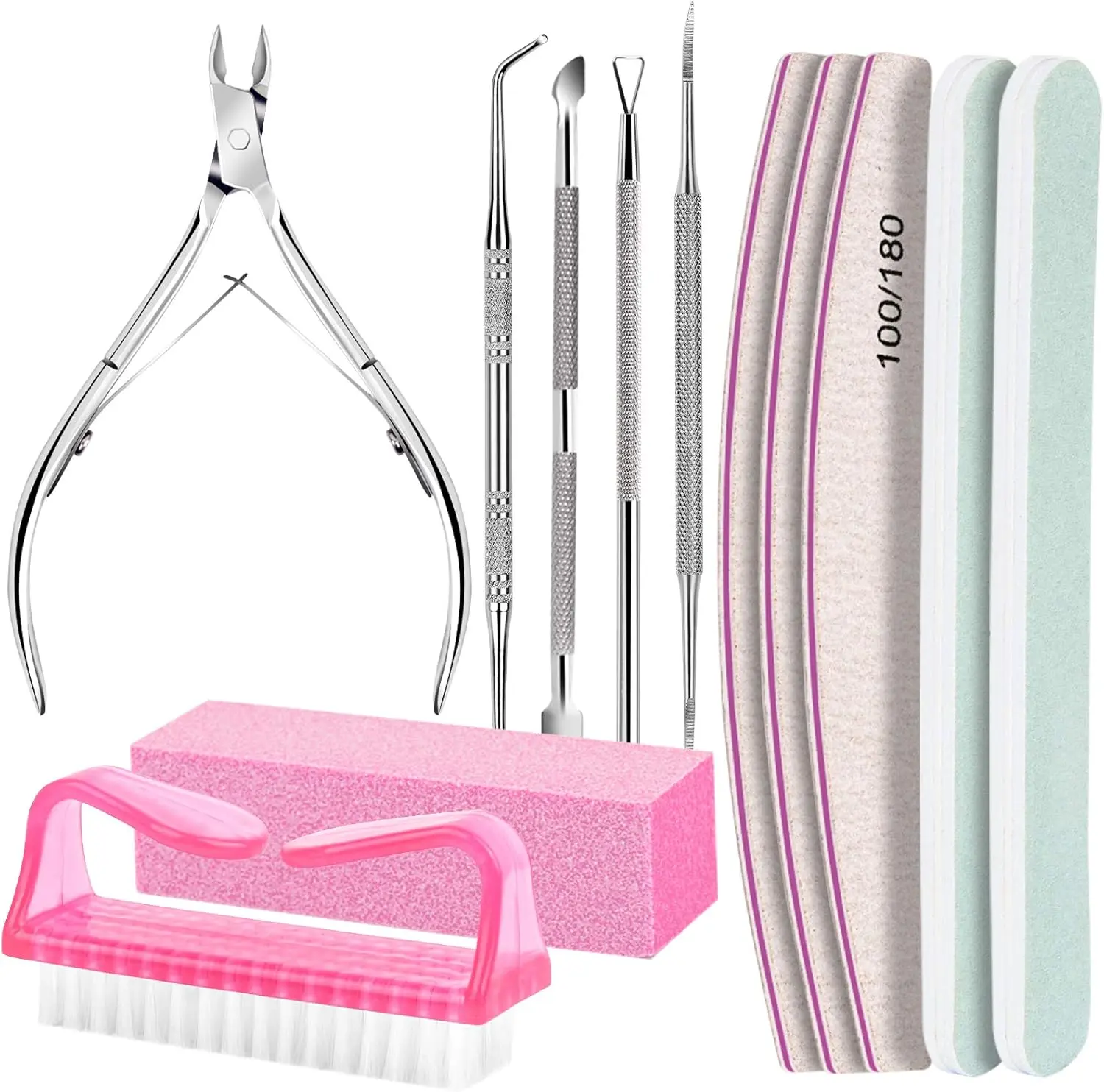 Stainless Steel Daily Nail Care Kit for Adults - 100/180 Files, Buffer Block, Cuticle Nippers, Trimmer, Pusher, Manicure & Pedicure Tools for Nail Art Prep