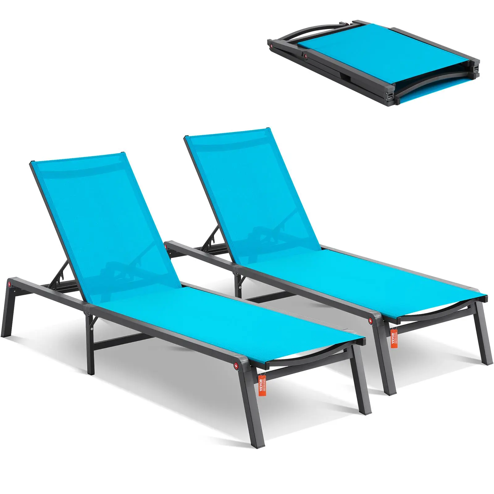 VEVOR Chaise Lounge Chairs Outdoor,  Aluminum Patio Lounge Chairs with Adjustable 5-Position, Folding Pool Lounge Chairs Recliner and Full Flat Tanning Chairs for Patio, Beach, Pool, Blue, 2 pcs