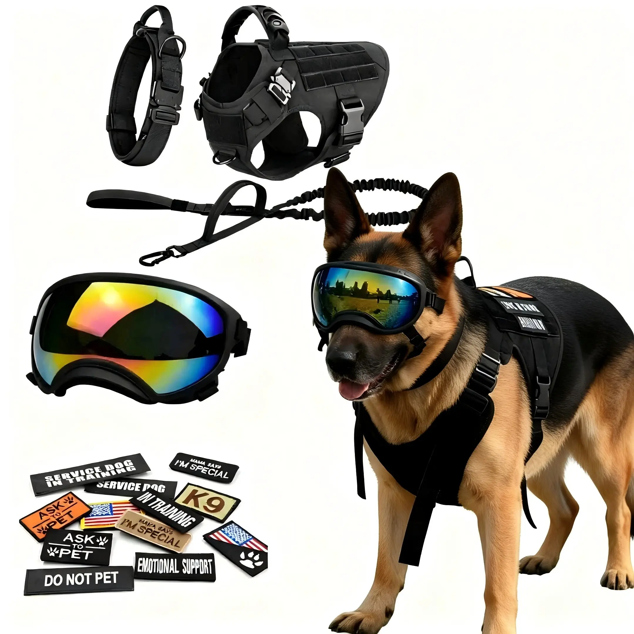 5-in-1 Dog Harness Leash Collar Goggles Set with 12 patches for Medium to Large Dogs, Heavy Duty Adjustable Dog Vest with Handle, Outdoor Walking Gear Kit #backtoschool