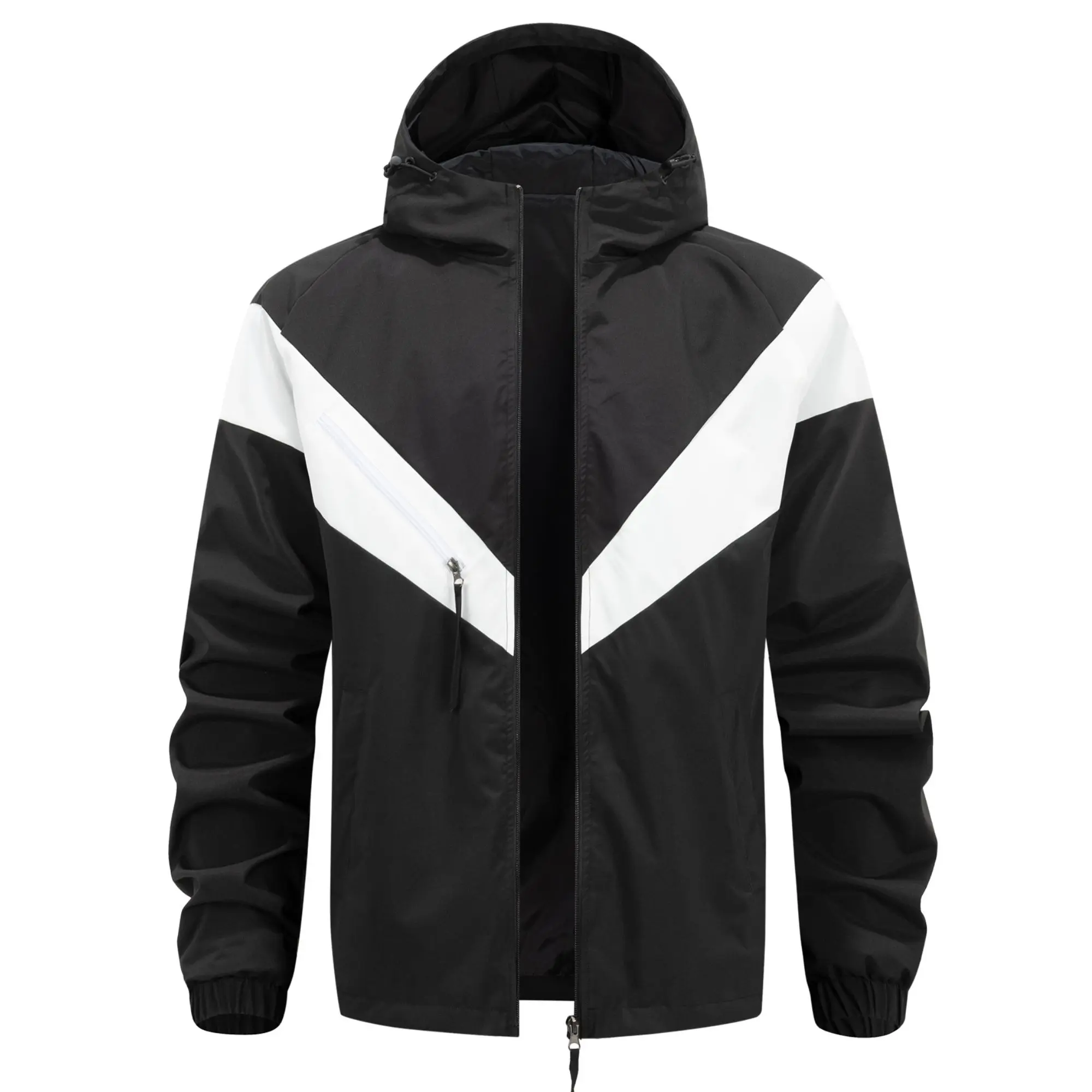 Men’s V-shaped geometric color-block hooded jacket with diagonally placed zip pockets and an adjustable drawstring hood; loose outdoor sports outerwear