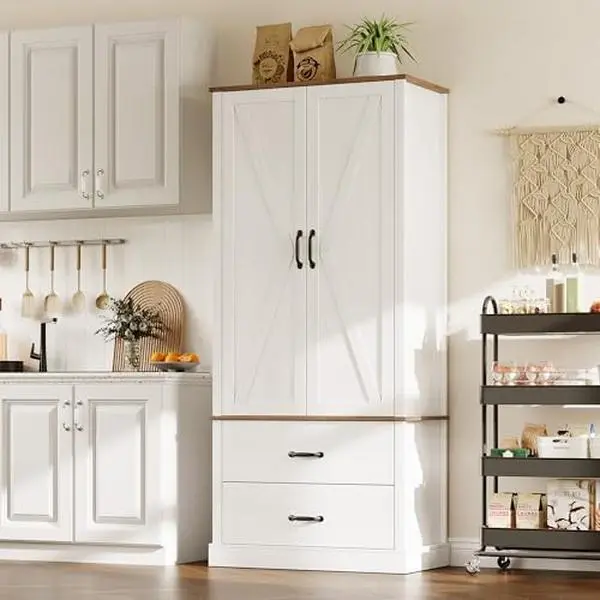 【GARVEE】Kitchen Pantry Cabinet with Barn Doors, Drawers, and Adjustable Shelves - Versatile Farmhouse Storage Cabinet for Kitchen and Dining Room in Rustic White Finish