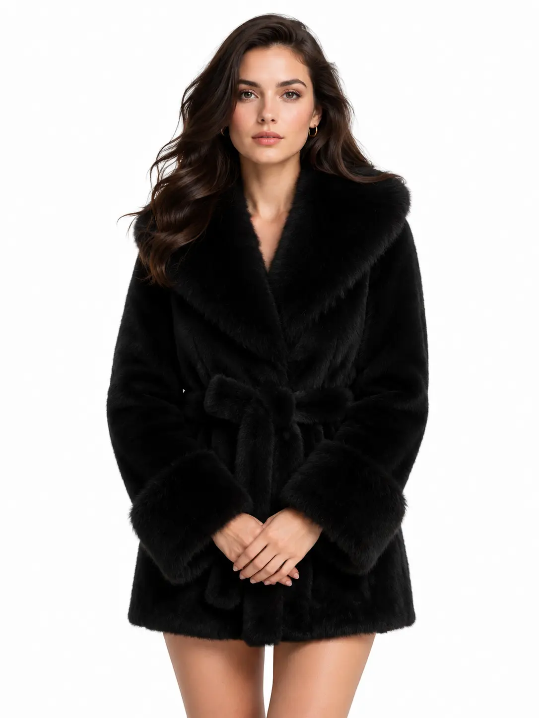 2026 Fall Winter Women Faux Fox Fur Collar Coat Belted Waist Thick Lined Plush Warm Cold Weather Outerwear