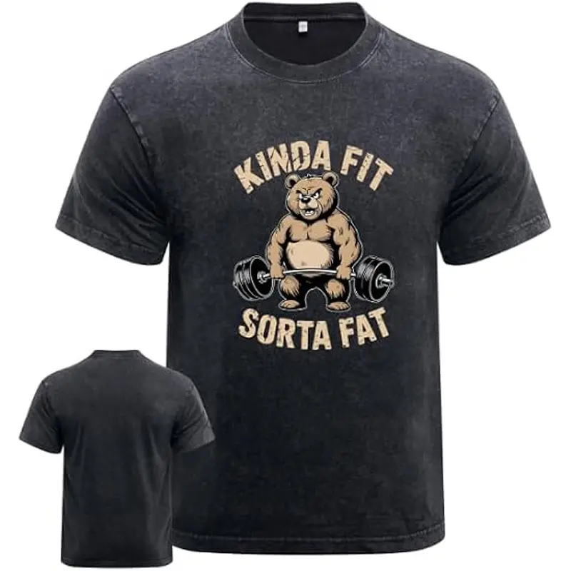 Men's KINDA FIT SORTA FAT Washed Gym T-Shirt, Acid Wash Shirt, Cotton Blend, 8-Way Stretch, Bold Print, Casual Wear, Moisture-Wick