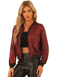 INSPIRE CHIC Sparkly Holographic Lightweight Shiny Metallic Bomber Jacket