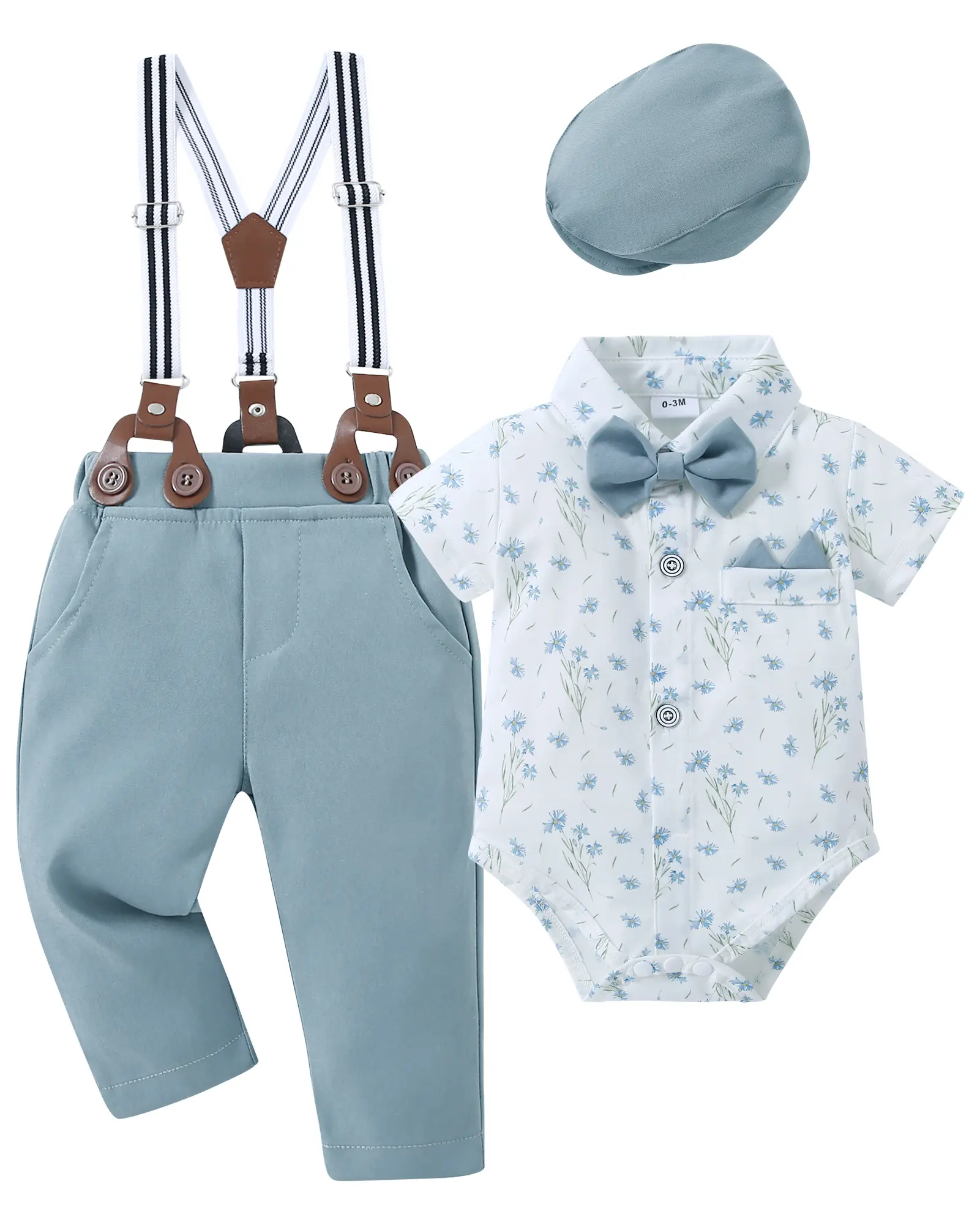 Baby Boys' 4-Piece Gentleman Suit Set with Short Sleeve Dress Shirt, Suspenders & Beret Hat, Soft Cotton Elastane Blend for Weddings & Baptism, 0-18 Months, Fitted Clothes, 0 - 3 Months, 0-3M
