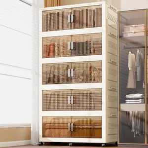 KHNR Large Collapsible Storage Bin with Lid 5-Pack Stackable Bins with Wheels for Closet Organizers Home Living Room Dorm Office Kitchen Plastic Buckle Containers Laundry