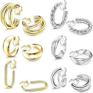 FINREZIO 6Pairs Clip on Earrings for Women Gold Clip on Hoop Earrings for Egirls Chunky Hoops Twist Triple Square Hoop Earrings No Piercing Fake Earrings Set Jewelry Daily