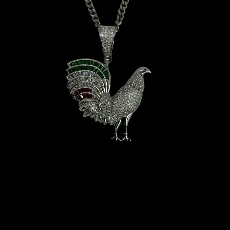 14k White Gold Plated Rooster Necklace - Red White Green CZ Design