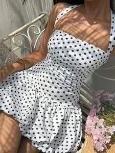 Elegant Fashion Spring Summer Sleeveless Square Neck Halter Dress, Polka Dot Waist Cinching Flower Bud Design, Women's Casual Wear, Womenswear