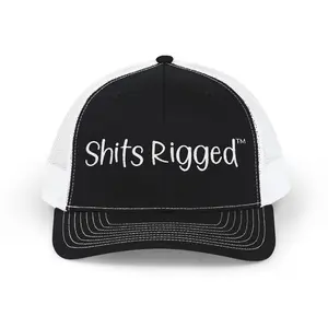 Embroidered Trucker Hat — "Shits Rigged" Bold Script Snapback