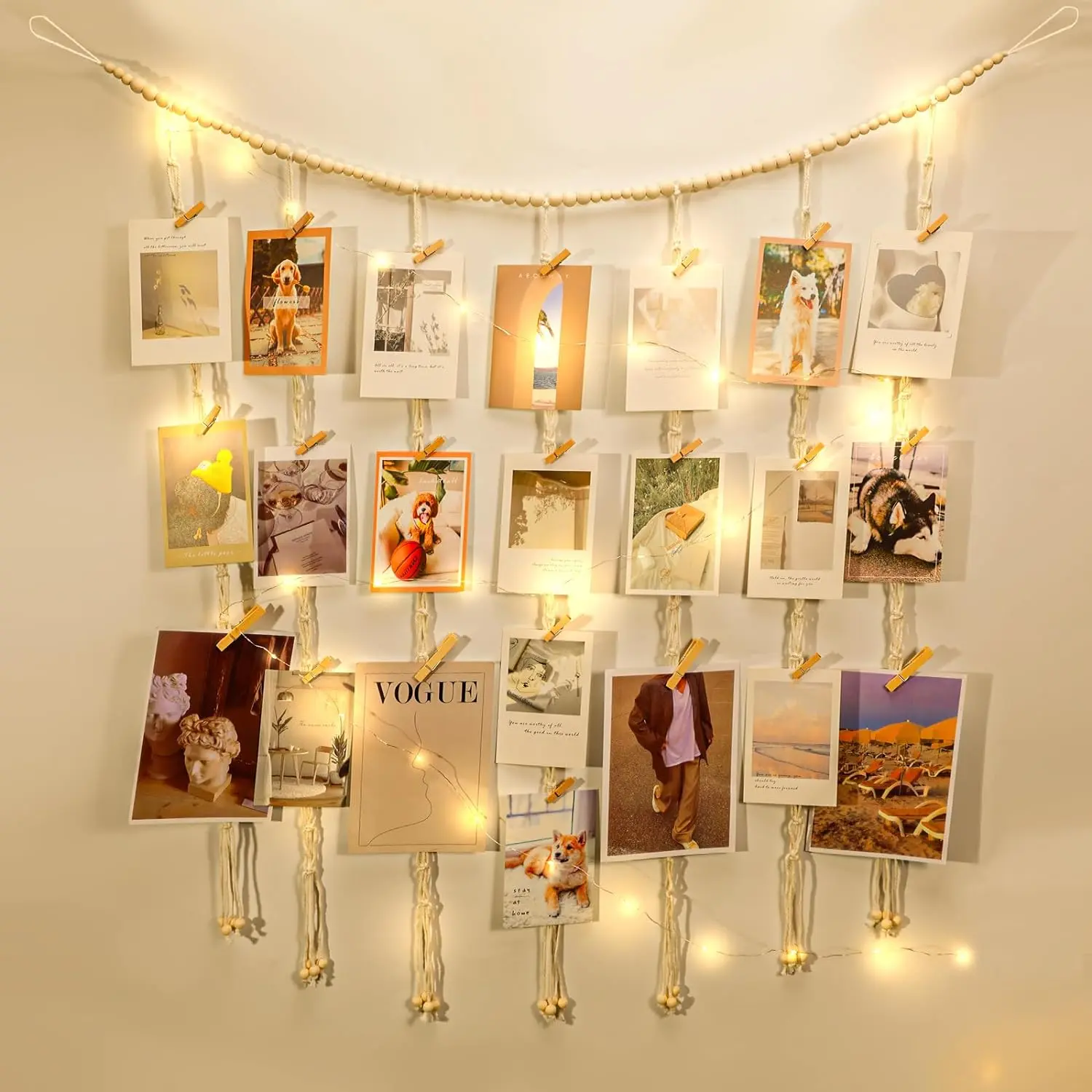 Macrame Hanging Photo Display Boho Wall Decor, Picture Christmas Card Holder with String Lights, Photo Hanger with 50 Clips for Room, Dorm, , Home Decor, Teenage Teen Girl Gifts