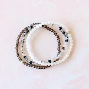 Anxiety Relief &amp; Protection Natural Crystal Bracelet Set | Snow Quartz, Smoky Quartz &amp; Dragon Vein Agate | 4mm Dainty