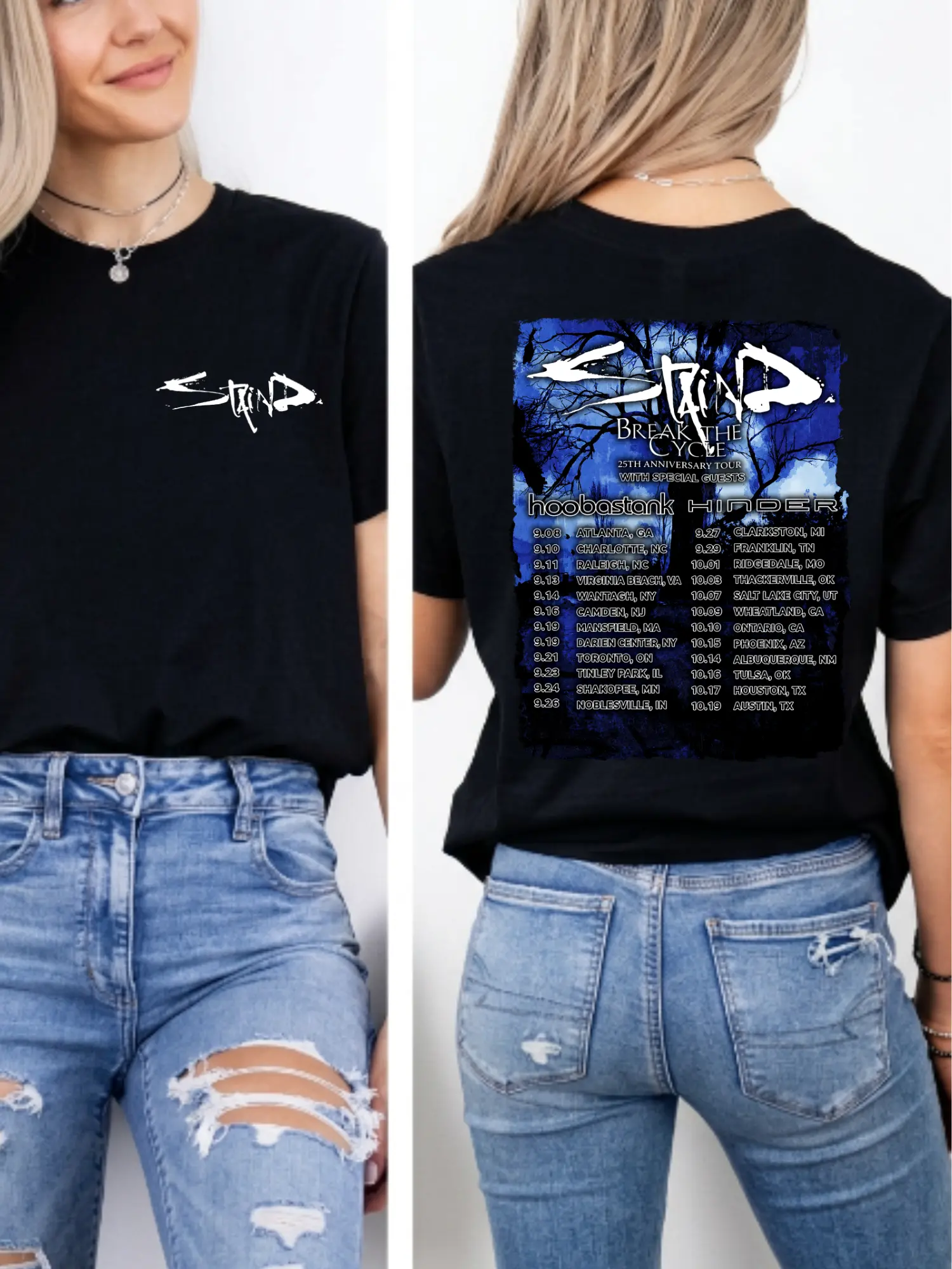 Women's Baggy Short-Sleeve Streetwear T-Shirt - Staind 25th Anniversary Break The Cycle Tour Tee, Hoobastank Hinder Guest Dates Front-Back Print Fabric Top, Shortsleeve, Loose, Printed, Casual, Tshirt, Cotton
