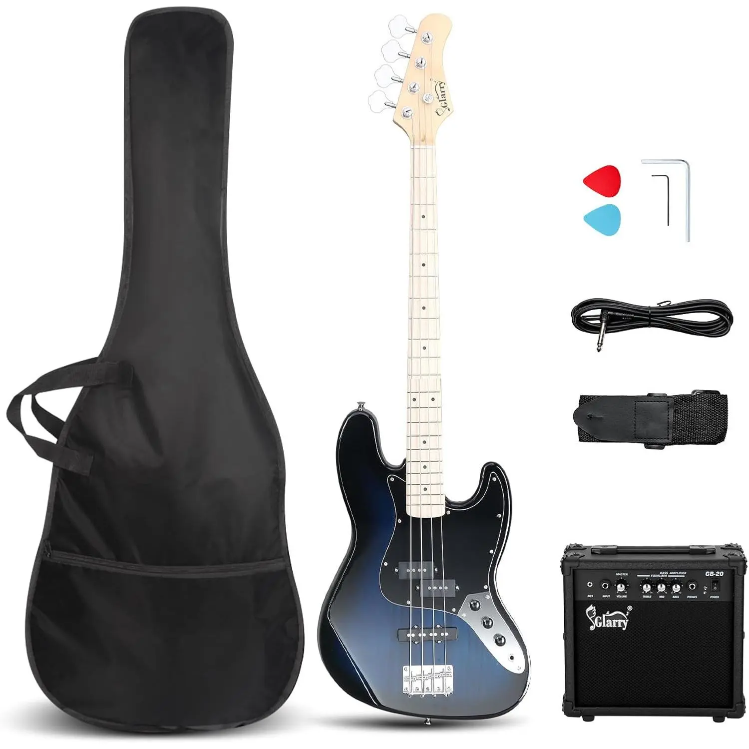 GLARRY Bass Guitar Full Size 4 String Exquisite Stylish Bass with Guitar Bag Power Line and Wrench Tool, Guitar Cord