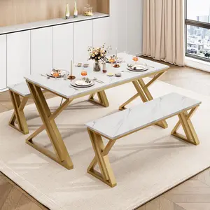 Space-Saving Dining Table Set for 4 – 44.8" Rectangular Kitchen & Dining Room Furniture with Benches – Sturdy Metal X-Frame – Ideal for Apartment, Studio, or Home – Black/Grey, Vintage Style