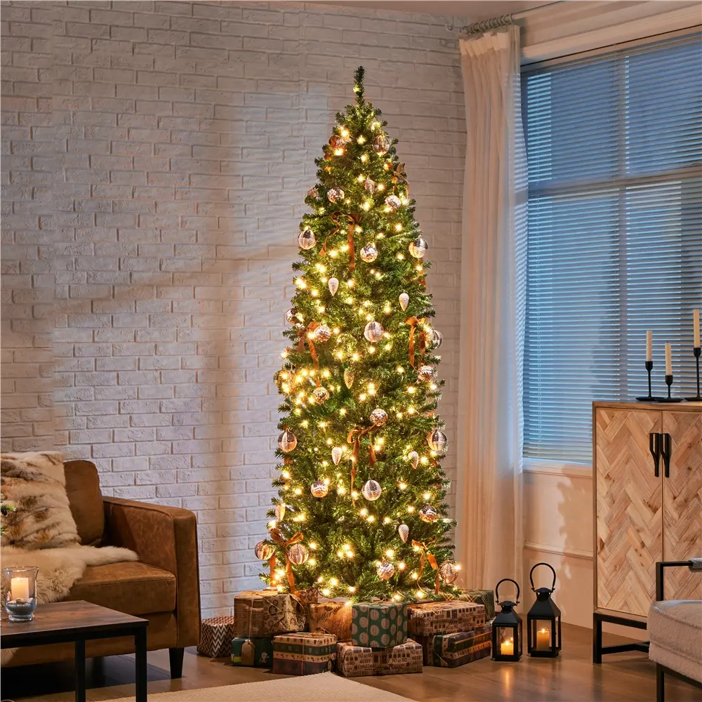 【Pencil-shaped】Yaheetech Pre-lit Pencil Artificial Christmas Tree, Holiday Decoration Hinged Christmas Fir Tree with Incandescent Warm White Lights & PVC Tips, Stand Included, 6/7.5/9ft