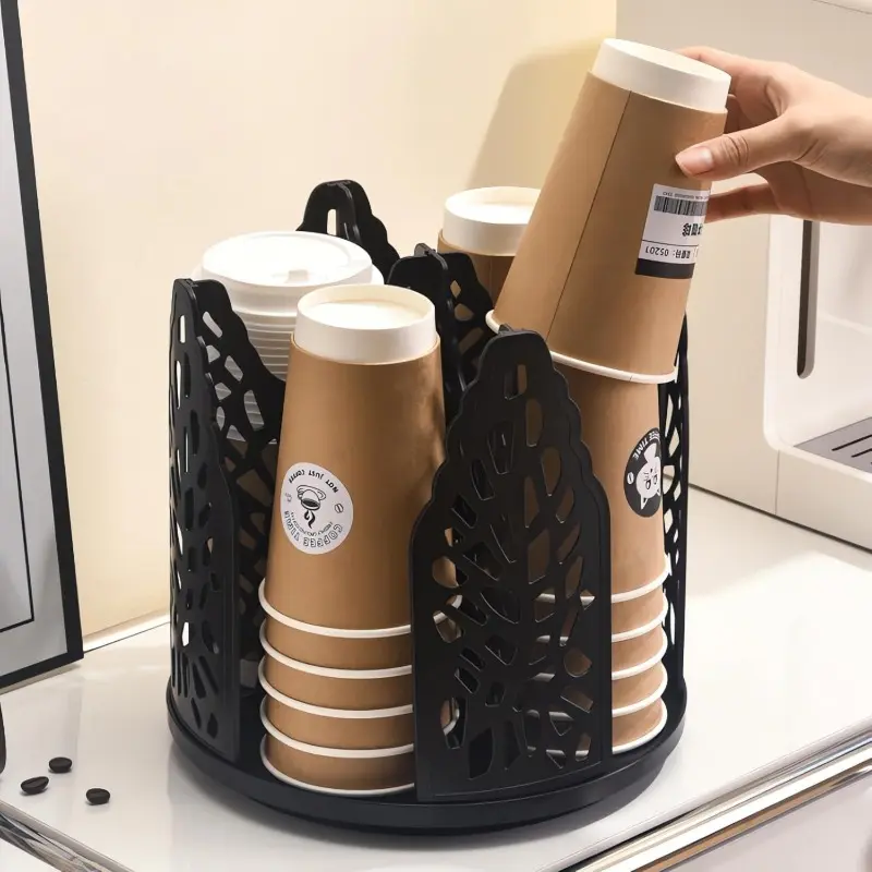 360° Rotation Rustproof Impact-Resistant ABS Plastic Coffee Cup Holder - 4-Compartment, Wide Opening, Smooth Edges, Large-Capacity Kitchen Countertop Organizer Dispenser with Lid (Pre-Seasoned Pataconera Maker), Round Tray