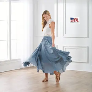 Linen cotton flowy skirt for women-dusty blue summer skirt for beach, travel, dance-boho style maxi skirt-full circle skirt