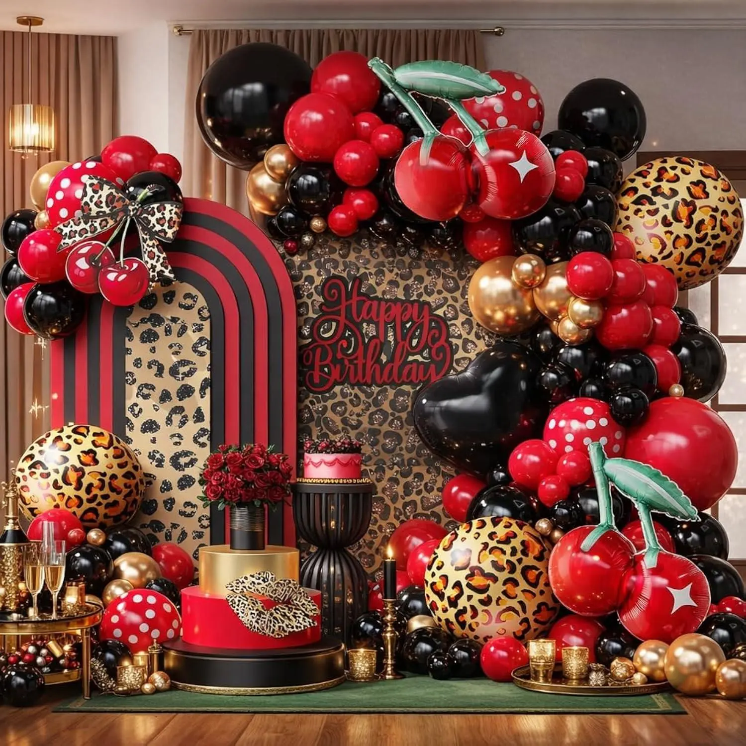 Red Cheetah Print Balloon Arch Kit, 132Pcs Black Red Cherry Leopard Print Birthday Decorations For Girls Women Bachelorette Party Supplies