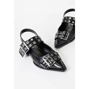 JUSTFAB Women's Edgy Pointed Toe Buckles Ballet Flats - Adjustable Buckle Ankle-Strap Low-Profile Slingback Shoe, Punk-Inspired Summer Footwear