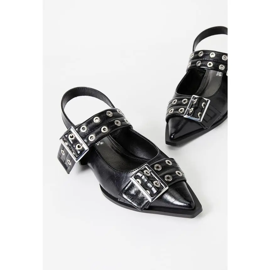 JUSTFAB Women's Edgy Pointed Toe Buckle Ballet Flats - Adjustable Ankle-Strap Low-Profile Slingback, Punk-Inspired Summer Casual Buckle Flat Shoes, Casual Flat Shoes