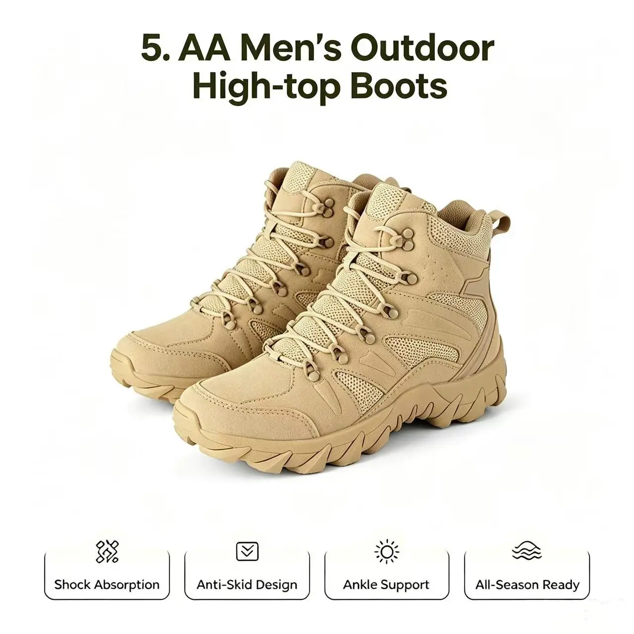 5.AA Men's High-Top Synthetic Suede Tactical Boots with Side Zipper, Lightweight Non-Slip All-Terrain Shoes with Rubber Sole for Hiking & Jungle Trekking, Outdoor Footwear, Round Toe, Men's Accessories, Male, Rocky Roads, Laces, Adjustable, Anti-Slip, Bre