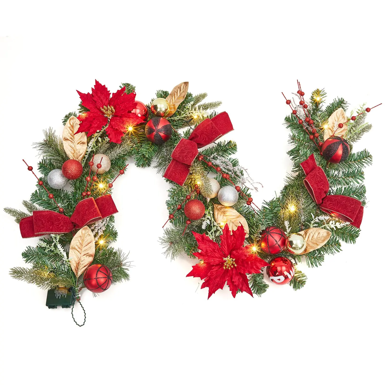 Garvee 6 ft Pre-Lit Christmas Garland with 20 Battery Operated LED Lights, Shatterproof Pinecones, Berries & Ornaments for Fireplace Mantle, Stairs, Front Door, Indoor & Outdoor Christmas Decor