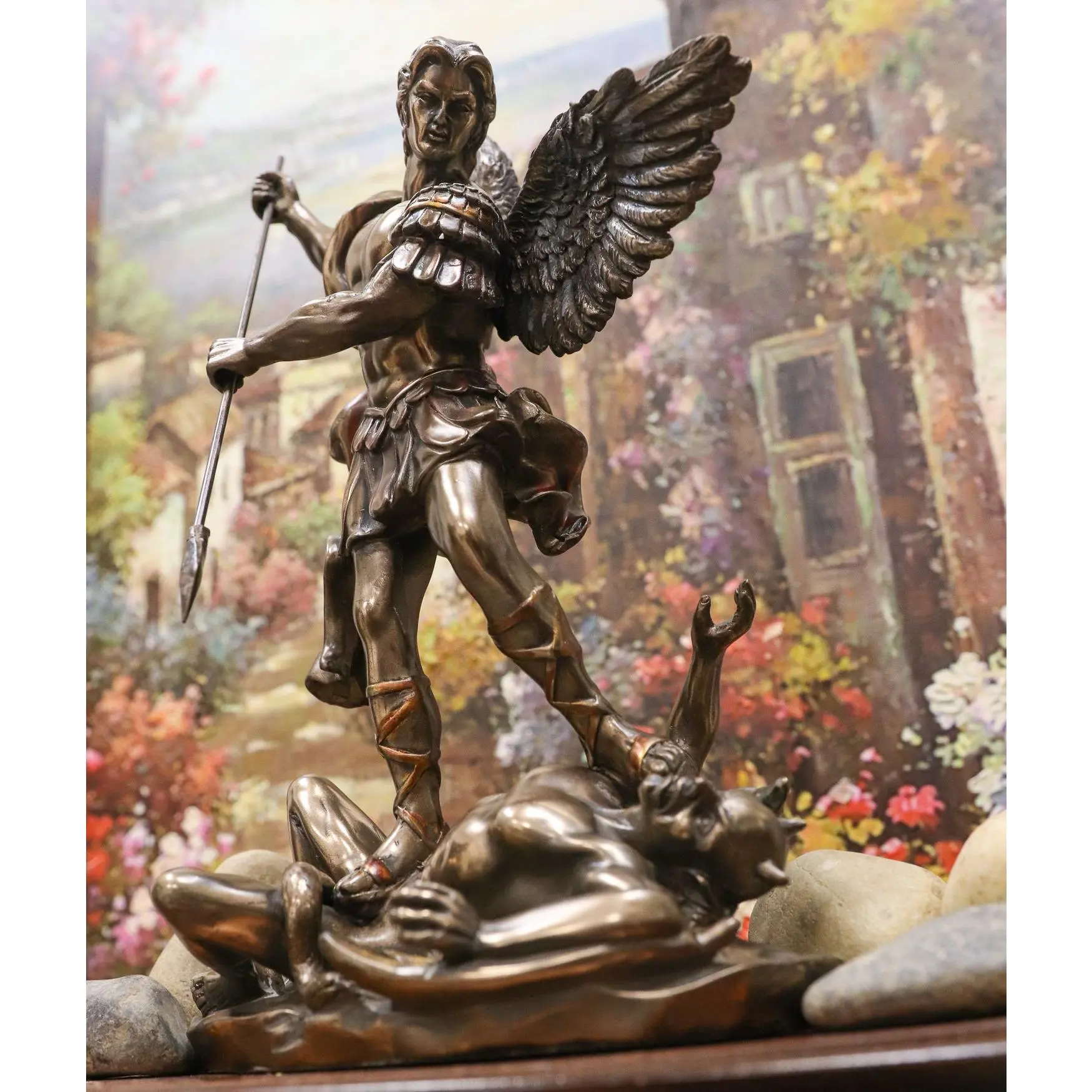 Ebros Resin Saint Archangel Michael Figurine, Religious Decor with Spear Piercing Lucifer, 10.25"H Home Decor Statue, Hand