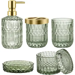 Bathroom Accessories Set, Glass Bathroom Set Complete 5pcs, Bathroom Boho Sage Green Decor, Include Toothbrush Holder, Tumbler, Soap Dispenser, Soap Dish, and Cotton Swabs Jar
