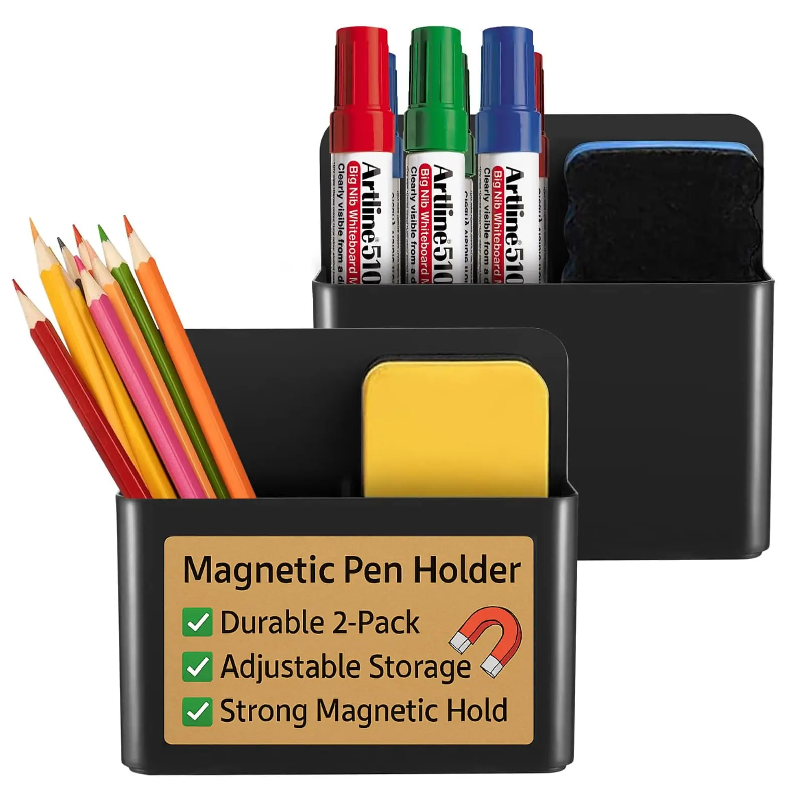 2 Pack Magnetic Dry Erase Marker Holder Magnetic Pen Holder, Whiteboard Marker Holder, Magnet Pencil Holder, Magnetic Pen Holder for Refrigerator, Locker, Metal Cabinets, Office (Black)