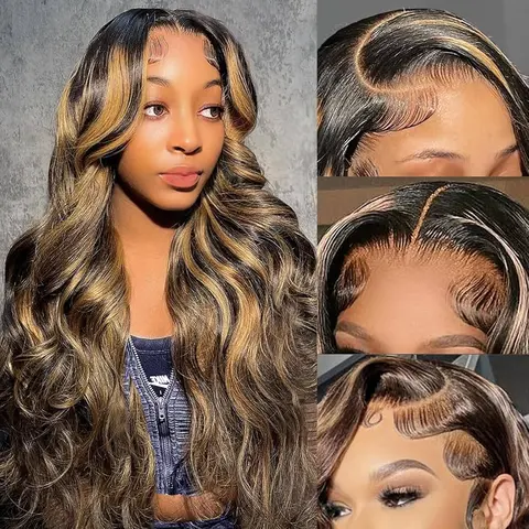 Subella Hair Blonde Highlight 8*5 Pre Cut HD Lace Closure Wigs 200% Density #P1B/27 Color Glueless Wear & Go Black Wig With Highlights