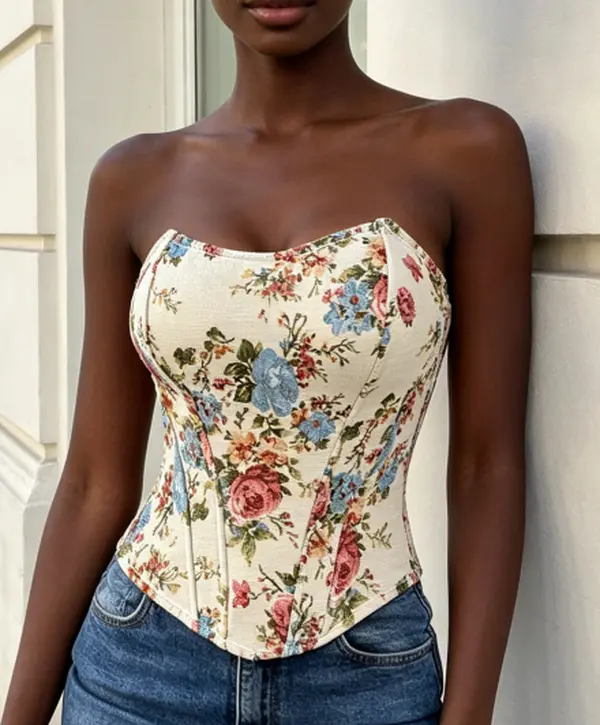 Strapless Boxy Corset Floral Print Pointed Hem Slim Bustier Top