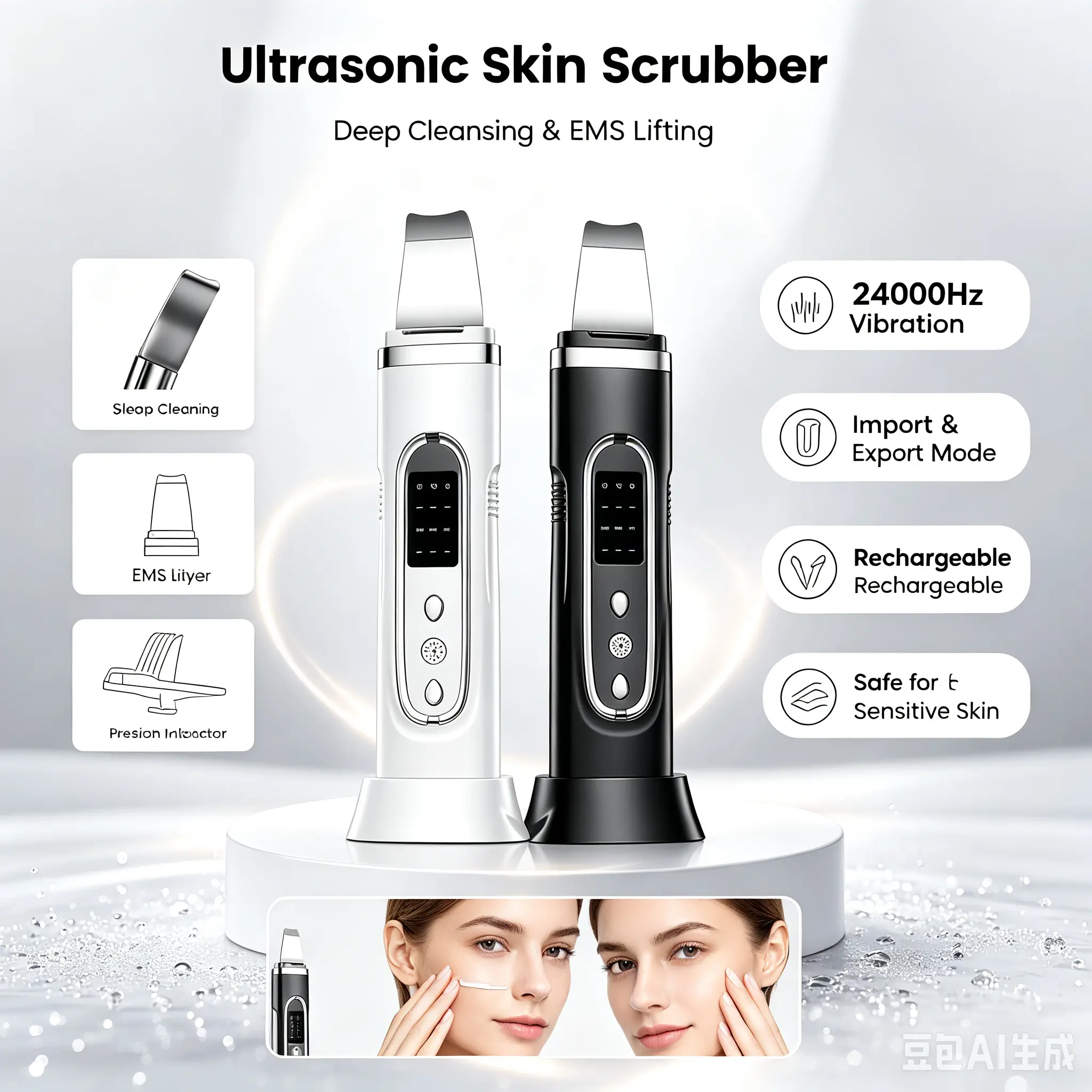 Unisex Ultrasonic EMS Facial Scrubber Skin Spatula - Pore Cleaner for Blackhead Removal,