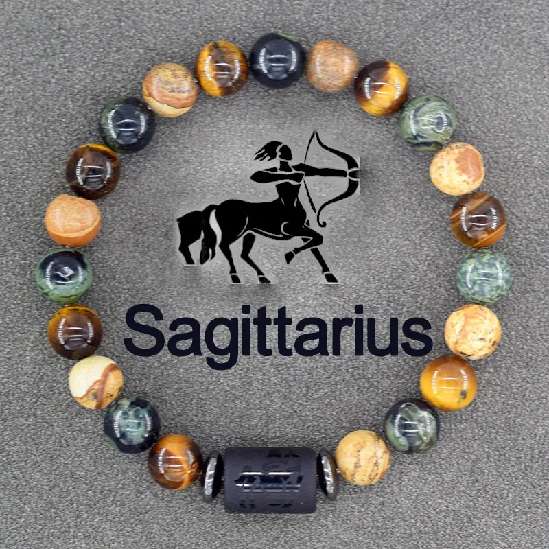 Zodiac Round Beaded Bracelet for Women & Men - Adjustable 7-in High-Stretch Nylon Cord Jewelry with 12 Astrology Signs, Natural Gemstones (Tiger's Eye, Green Jasper, Picture Jasper, Black Obsidian) Gift, Adults