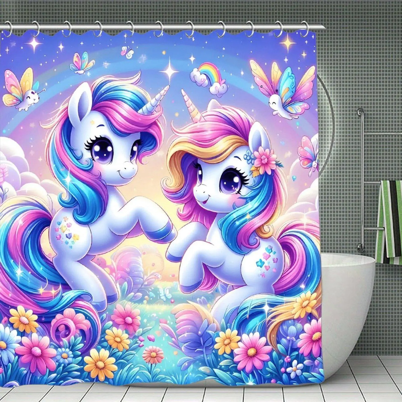 Cute Unicorn & Rainbow Waterproof Polyester Shower Curtain - Quick-Dry Plastic-Accented, Stainless Steel-Enhanced, Bathtub-Resistant Fabric Bath Curtain for Bathroom Decor