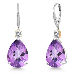 Gem Stone King 925 Silver and 10K Yellow Gold Purple Amethyst and White Moissanite and White Lab Grown Diamond Earrings For Women | 20.38 Cttw | Gemstone February Birthstone | Pear Shape Checkerboard 18X13MM