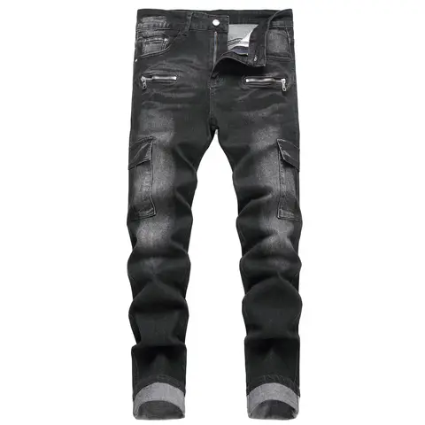 JUNBAOSS Men's Biker Zipper Deco Jeans, Mens Slim Fit Stretch Jeans Ripped Skinny Jeans for Men, Casual Fashion Straight Leg Comfort Flex Waist Cargo Denim Pants, Menswear Trouser Streetwear Jean with Plain Pockets backtoschool