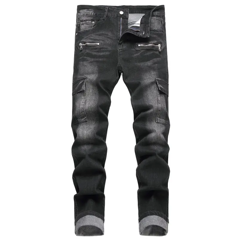JUNBAOSS Men's Biker Zipper Deco Jeans, Mens Slim Fit Stretch Jeans Ripped Skinny Jeans for Men, Casual Fashion Straight Leg Comfort Flex Waist Cargo Denim Pants, Menswear Trouser Streetwear Jean with Plain Pockets backtoschool