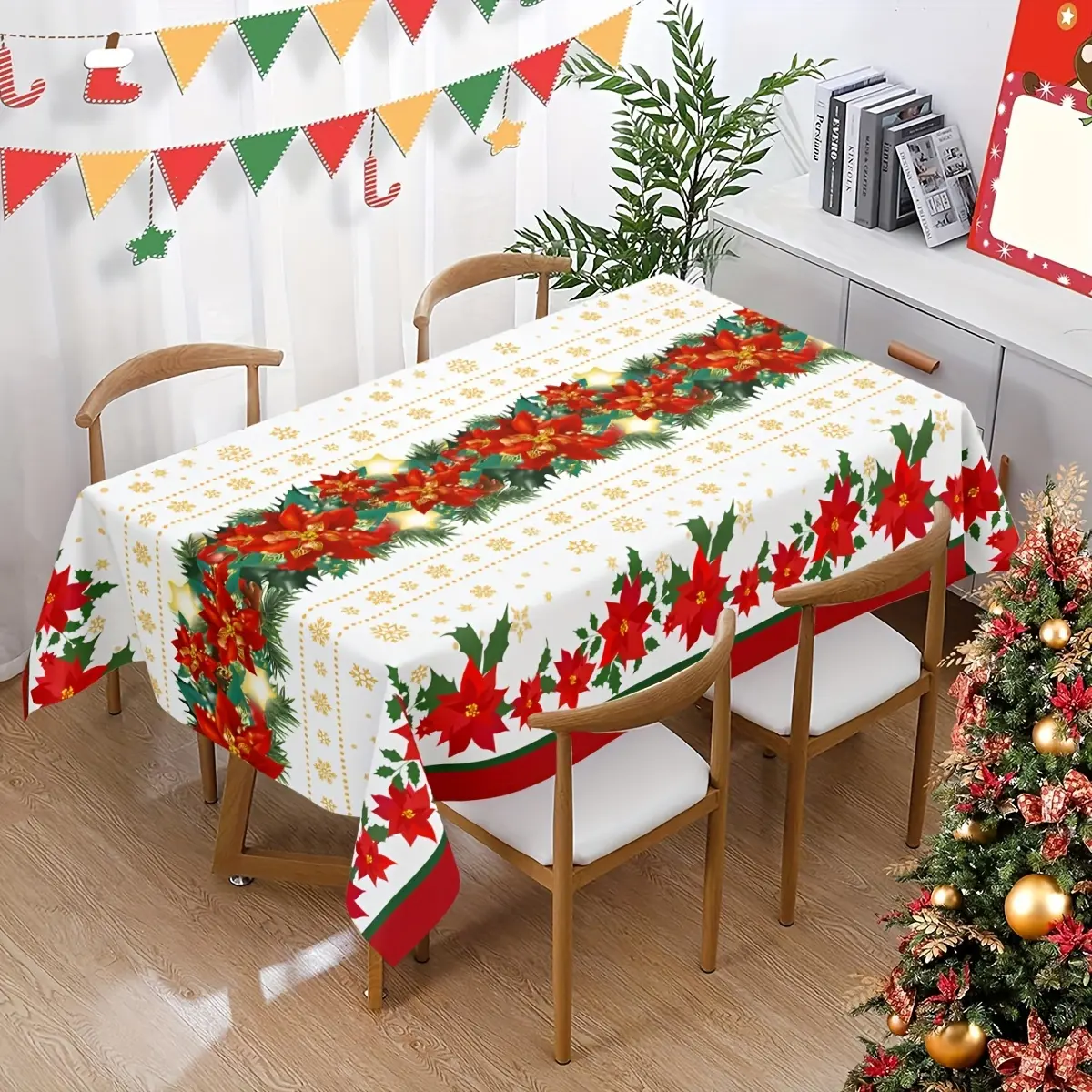 Plastic Christmas Tablecloth Compatible for Dining Tables - Elegant & Multicolor Snowflake/Festive Patterns, Machine-Made - Table Cover Suitable for Holiday Parties, New Year' Eve, Daily Dining - Year-Round Use, Christmas Decor
