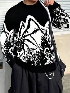 Men's Gothic Spider Jacquard Sweater, Casual Loose-Fitting Round Neck Long Sleeve, Fall & Winter Streetwear, Dark Style
